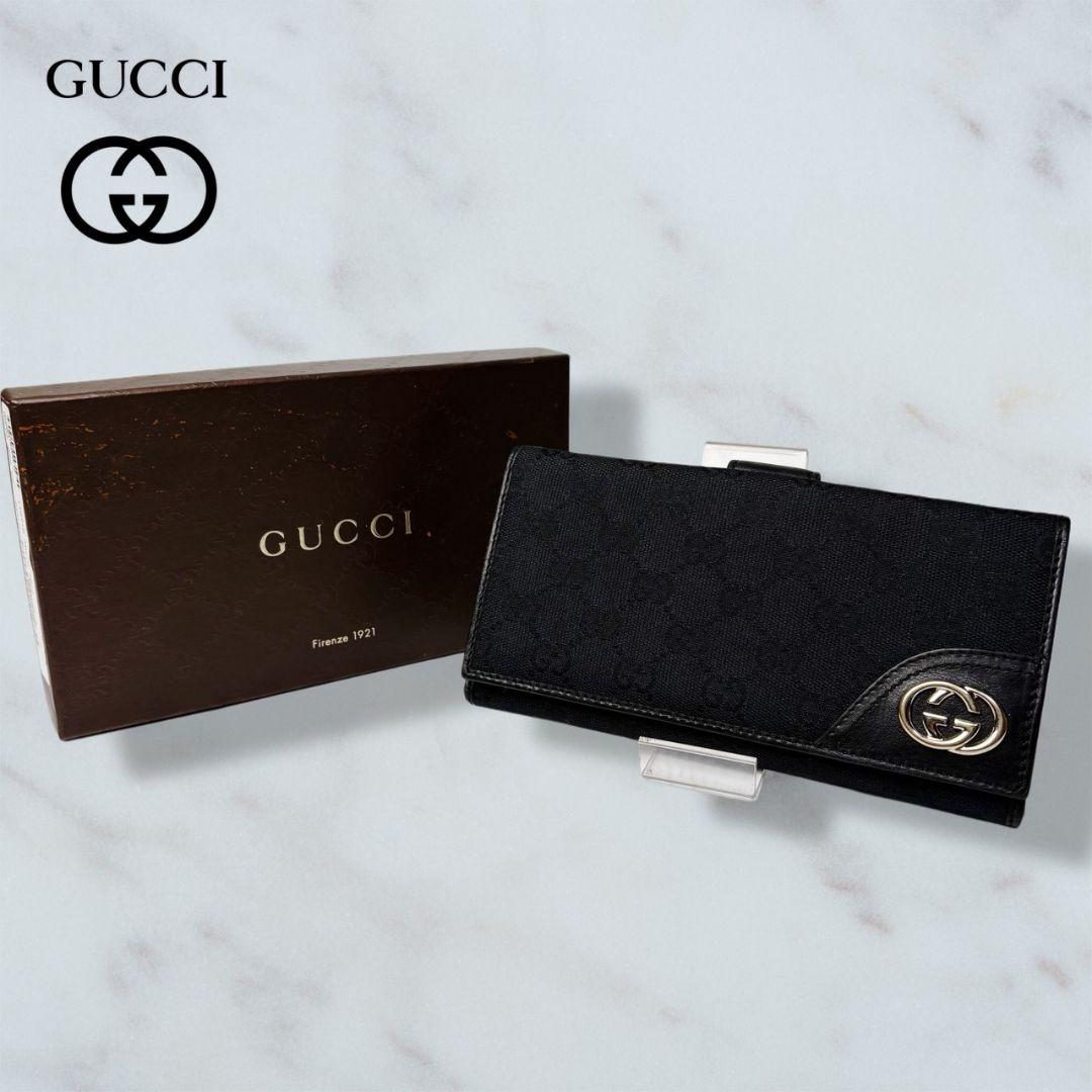 57 極美品 GUCCI 二つ折り財布 黒 長財布 GGキャンバス q4