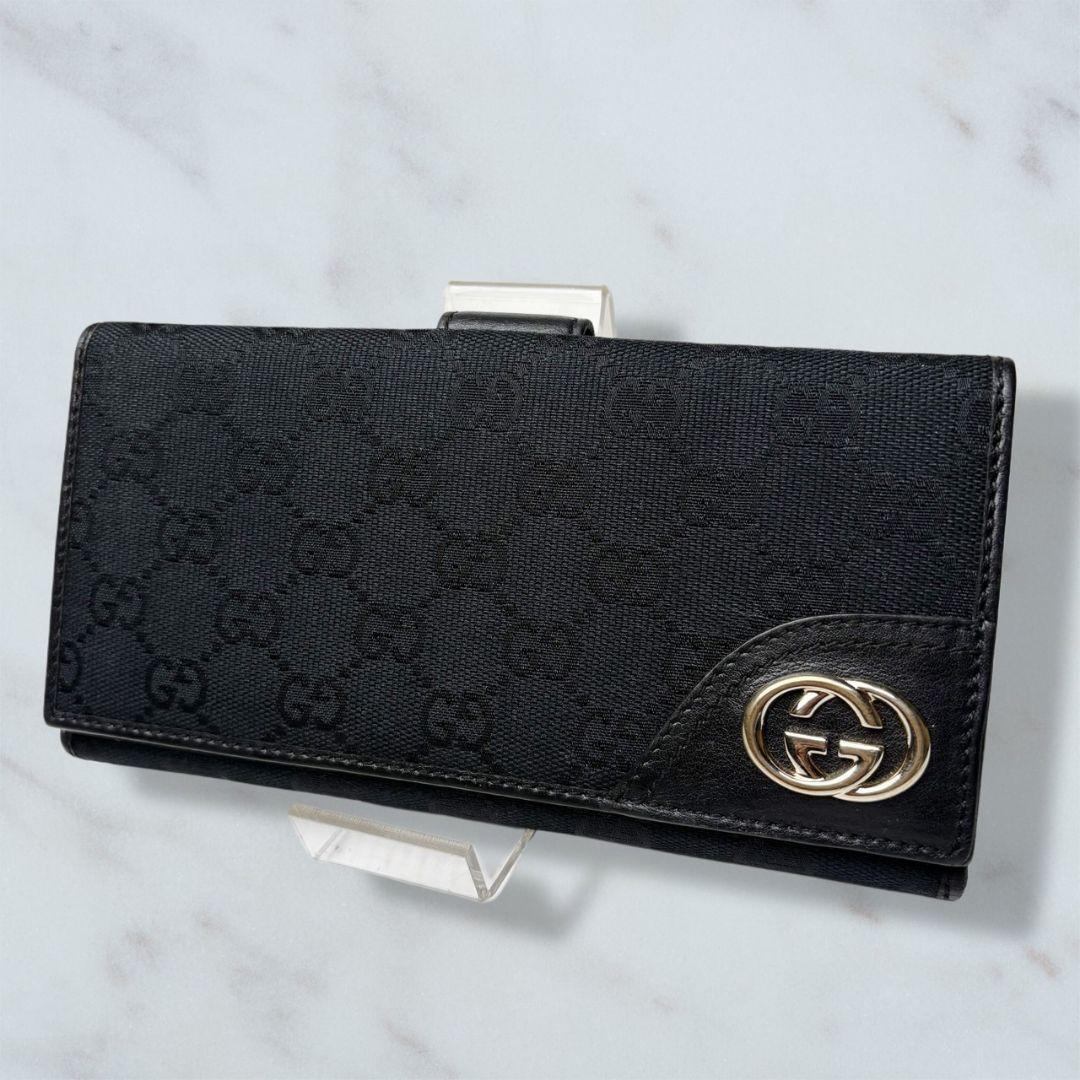 57 極美品 GUCCI 二つ折り財布 黒 長財布 GGキャンバス q4