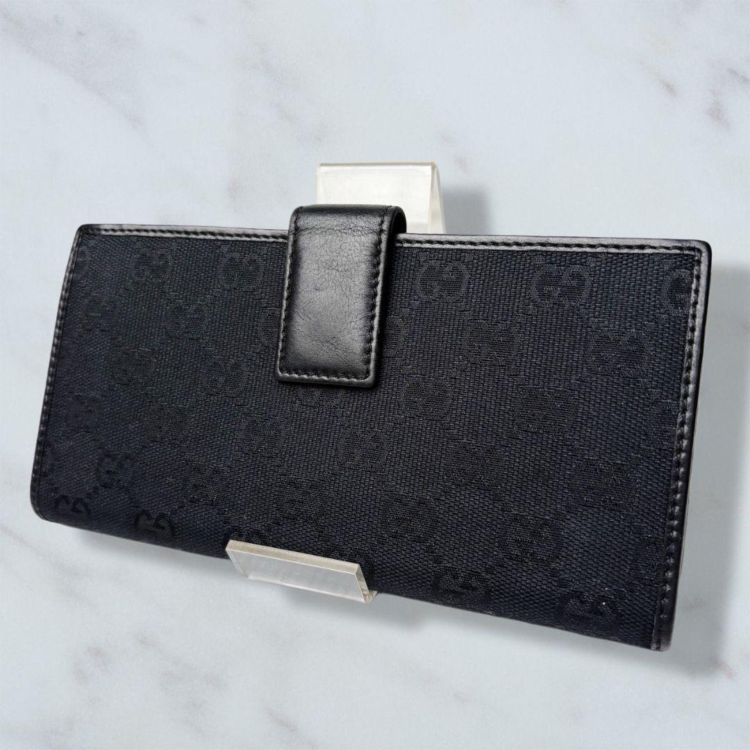 57 極美品 GUCCI 二つ折り財布 黒 長財布 GGキャンバス q4