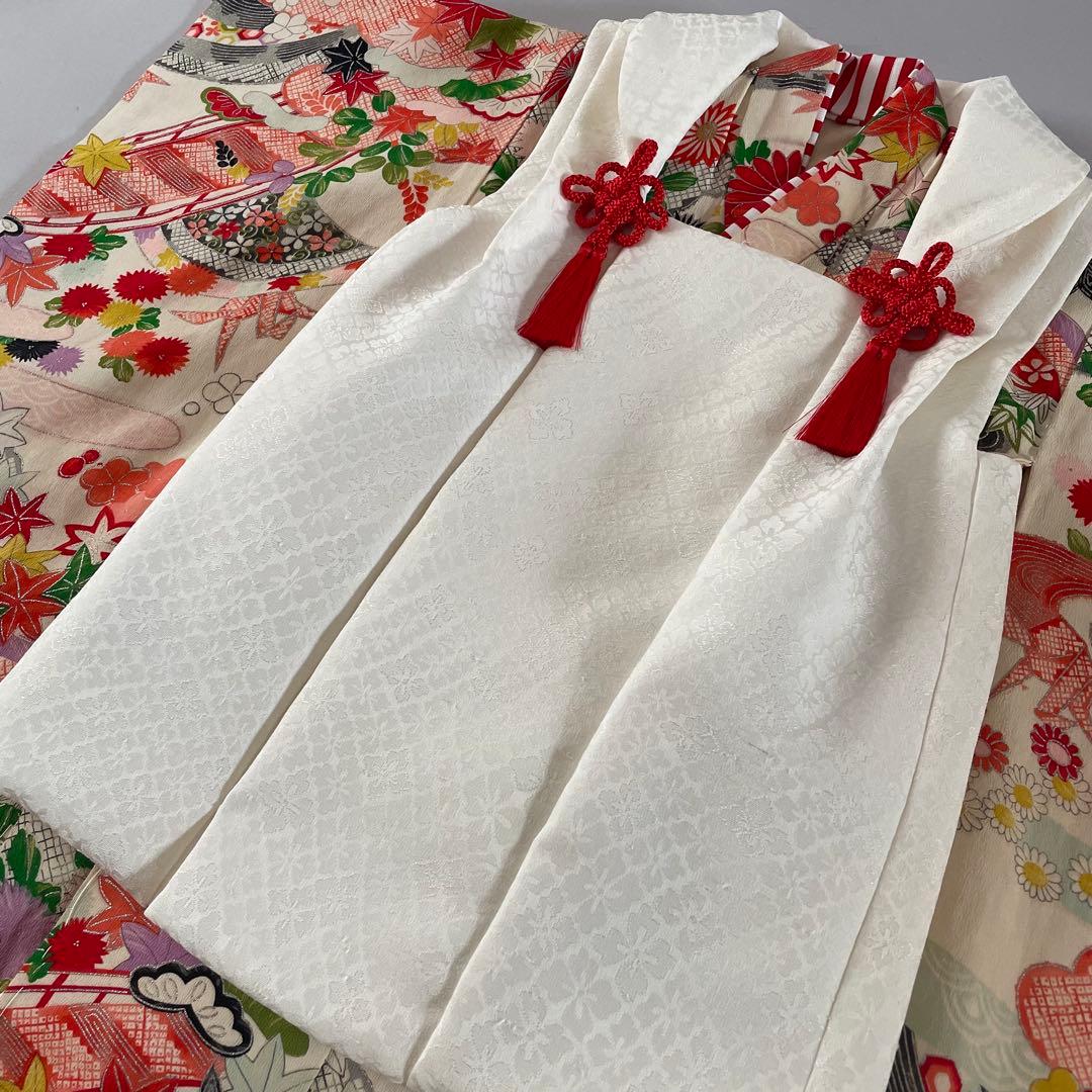七五三　2歳　3歳　アンティークお着物セット　正絹白無地被布　ビーズバッグ