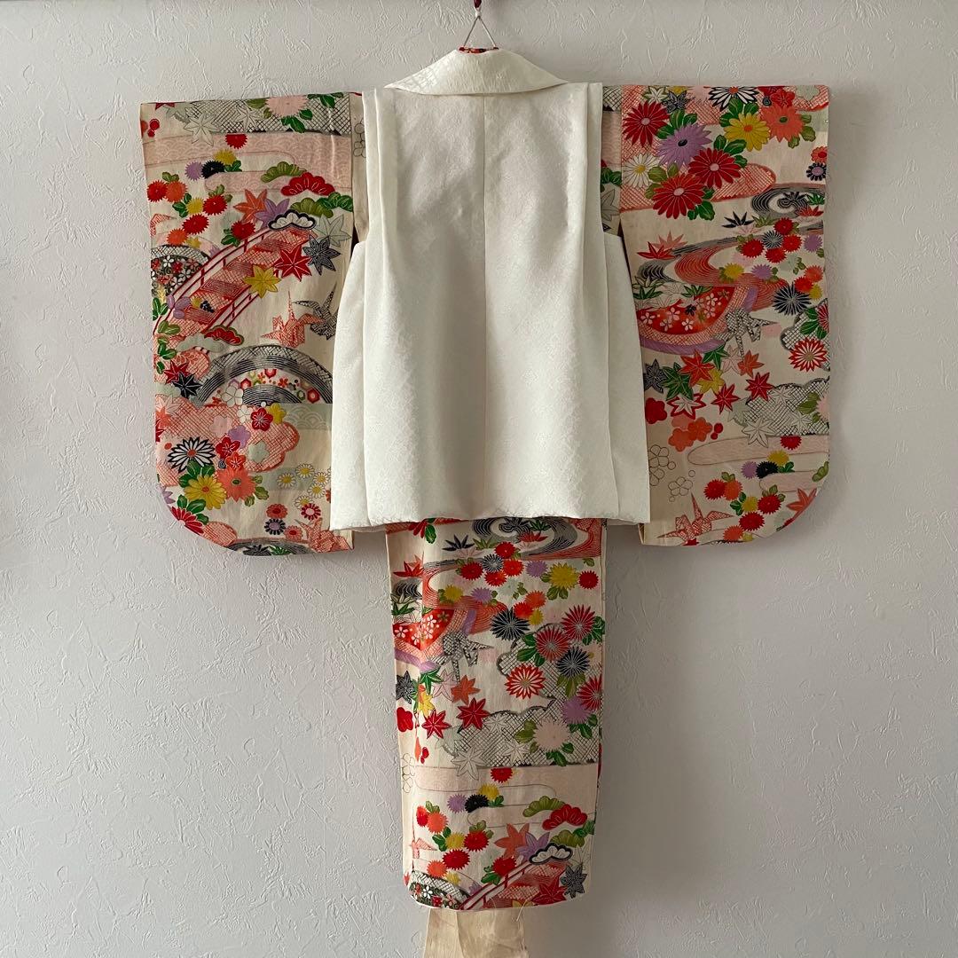 七五三　2歳　3歳　アンティークお着物セット　正絹白無地被布　ビーズバッグ