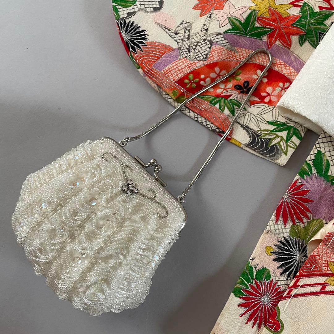 七五三　2歳　3歳　アンティークお着物セット　正絹白無地被布　ビーズバッグ