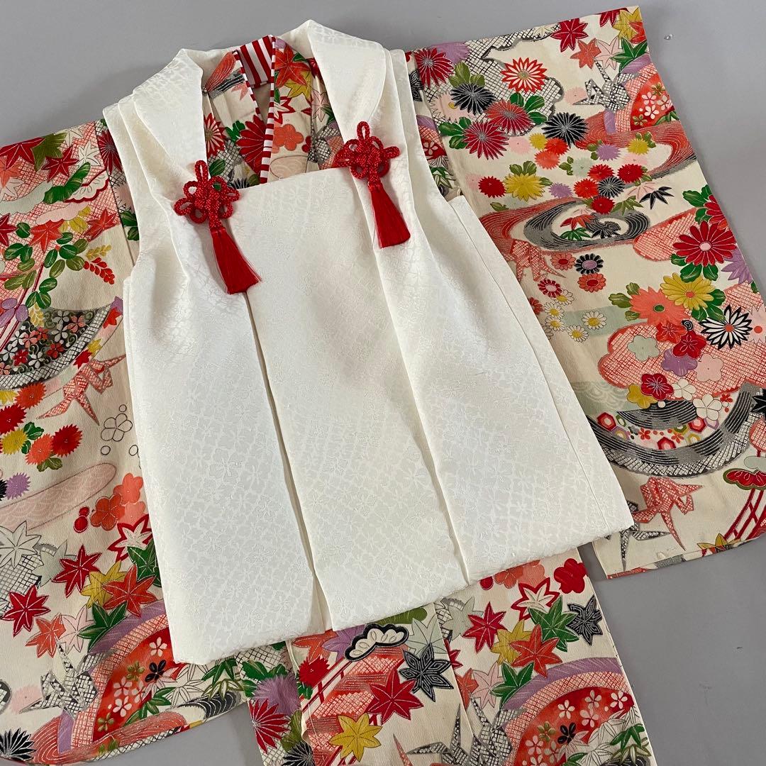 七五三　2歳　3歳　アンティークお着物セット　正絹白無地被布　ビーズバッグ