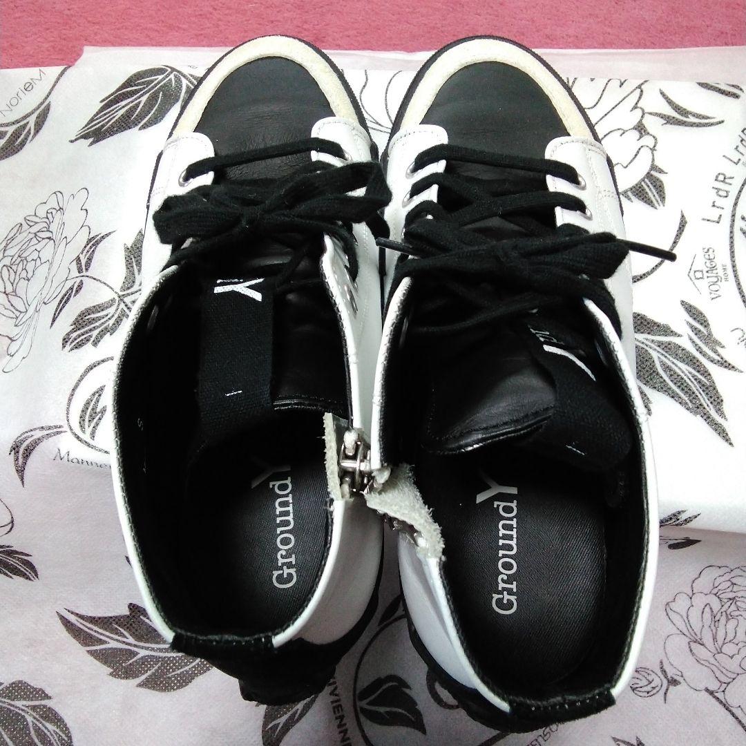 みい／グラウンドY★ホワイト/ブラック レザースニーカー