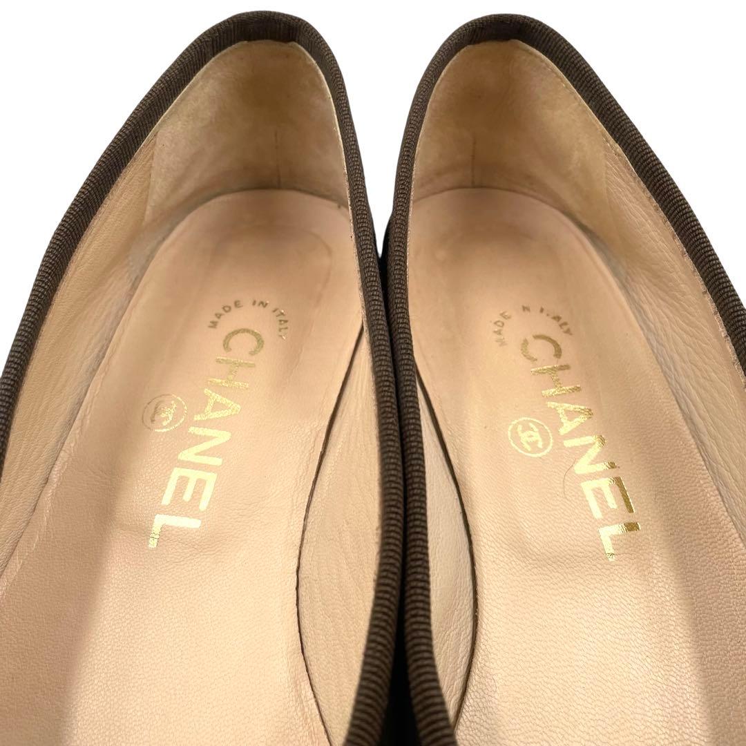 《超美品》シャネル ココマーク フラットパンプス バレエ ストライプ柄 茶系