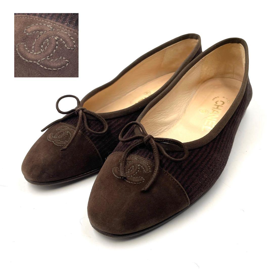 《超美品》シャネル ココマーク フラットパンプス バレエ ストライプ柄 茶系