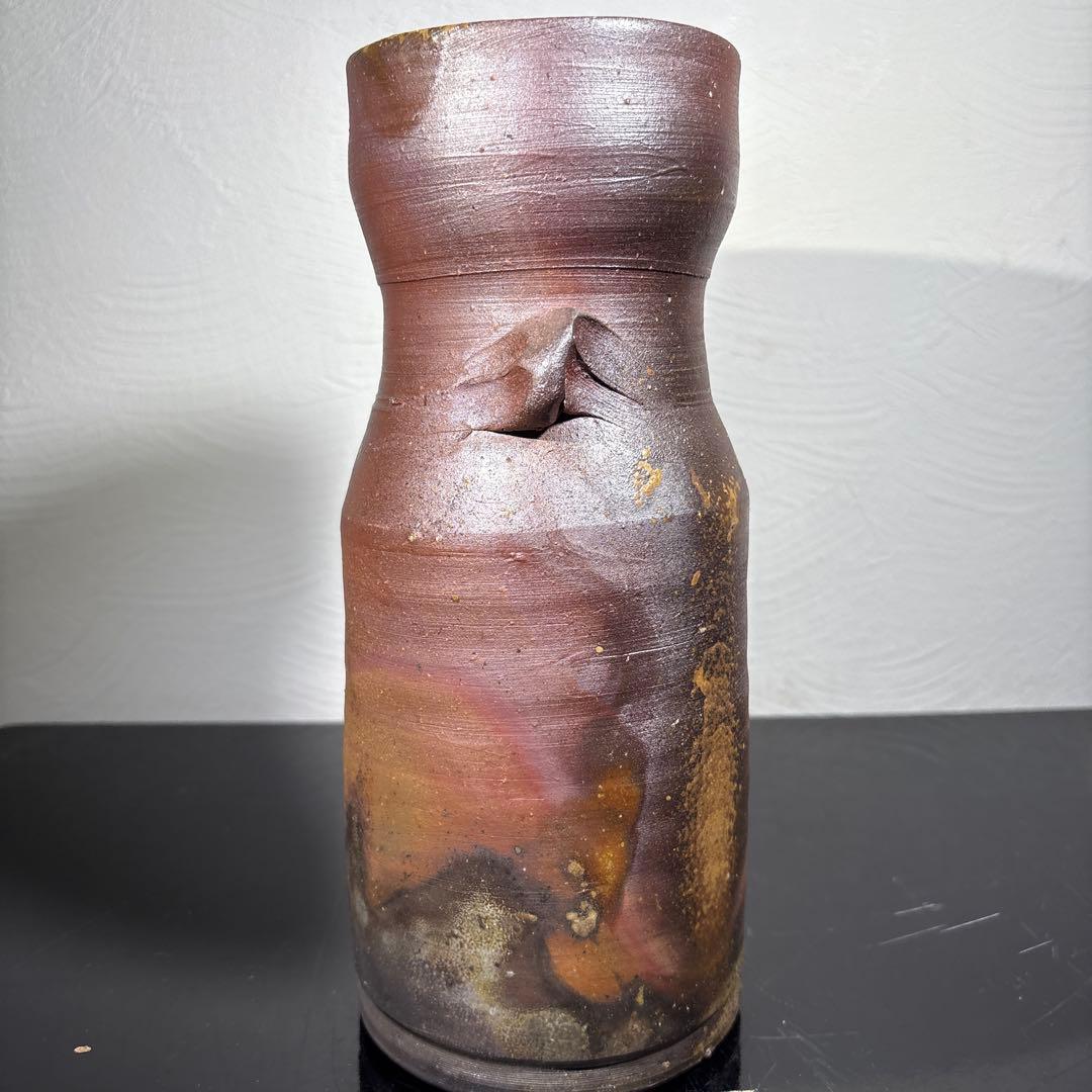 真作　人間国宝　藤原雄　備前花入　希少作品　赤富士