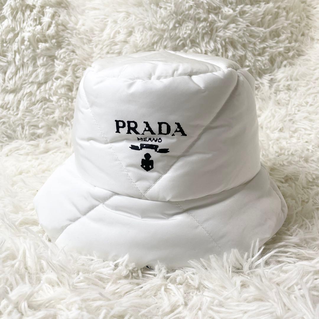 【美品】PRADA 三角 トライアングル ロゴ バケットハット ホワイト L