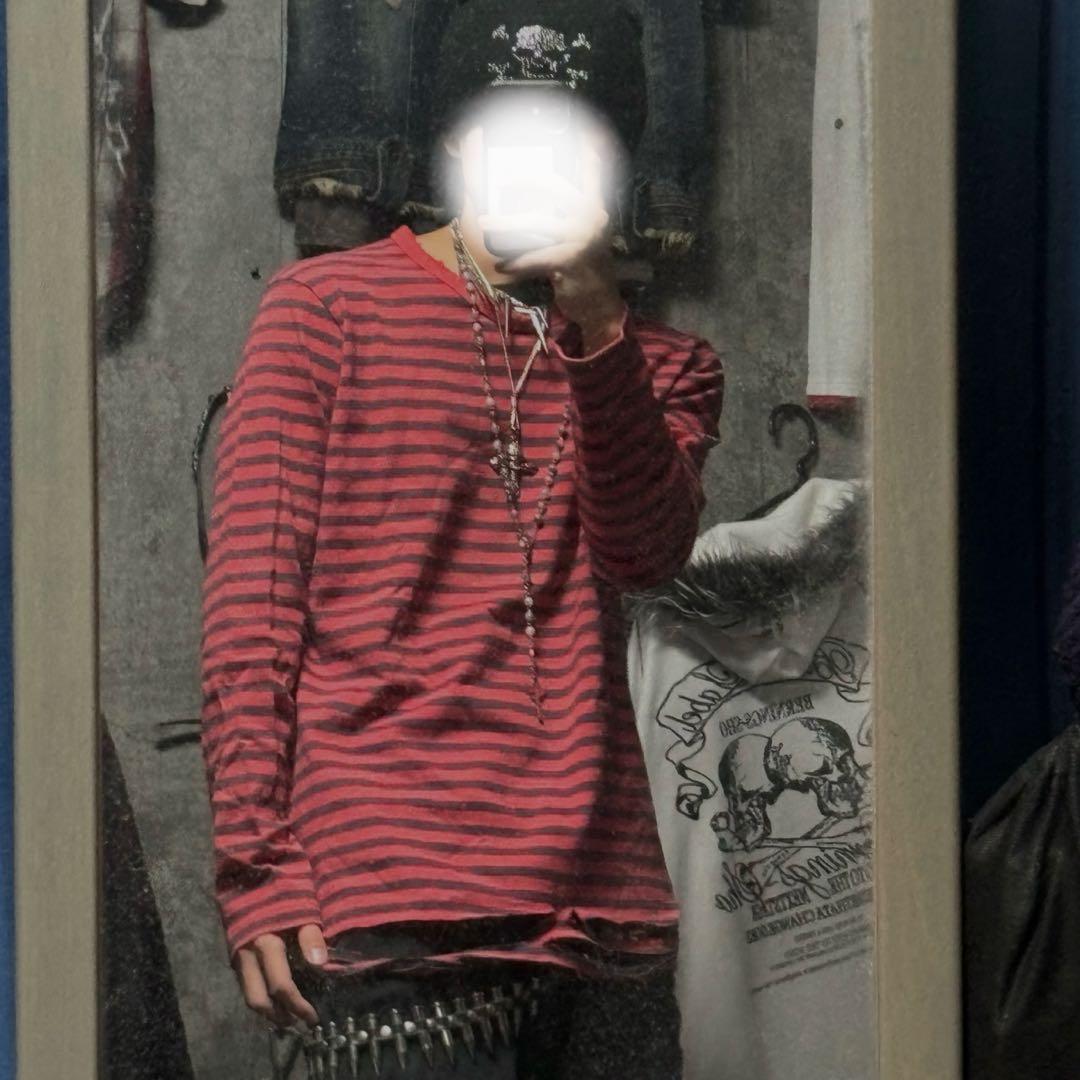 パンク赤黒ボーダーロンT ボロリメイク　グランジ　y2k