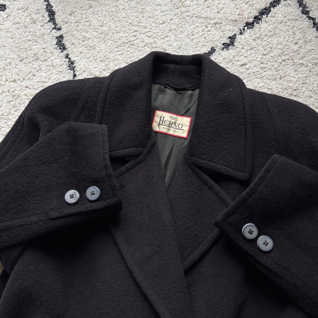 HERNO スカーフ柄 カシミヤ混 ダブル チェスターコート ブラック　40