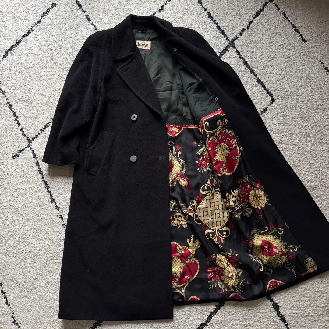 HERNO スカーフ柄 カシミヤ混 ダブル チェスターコート ブラック　40