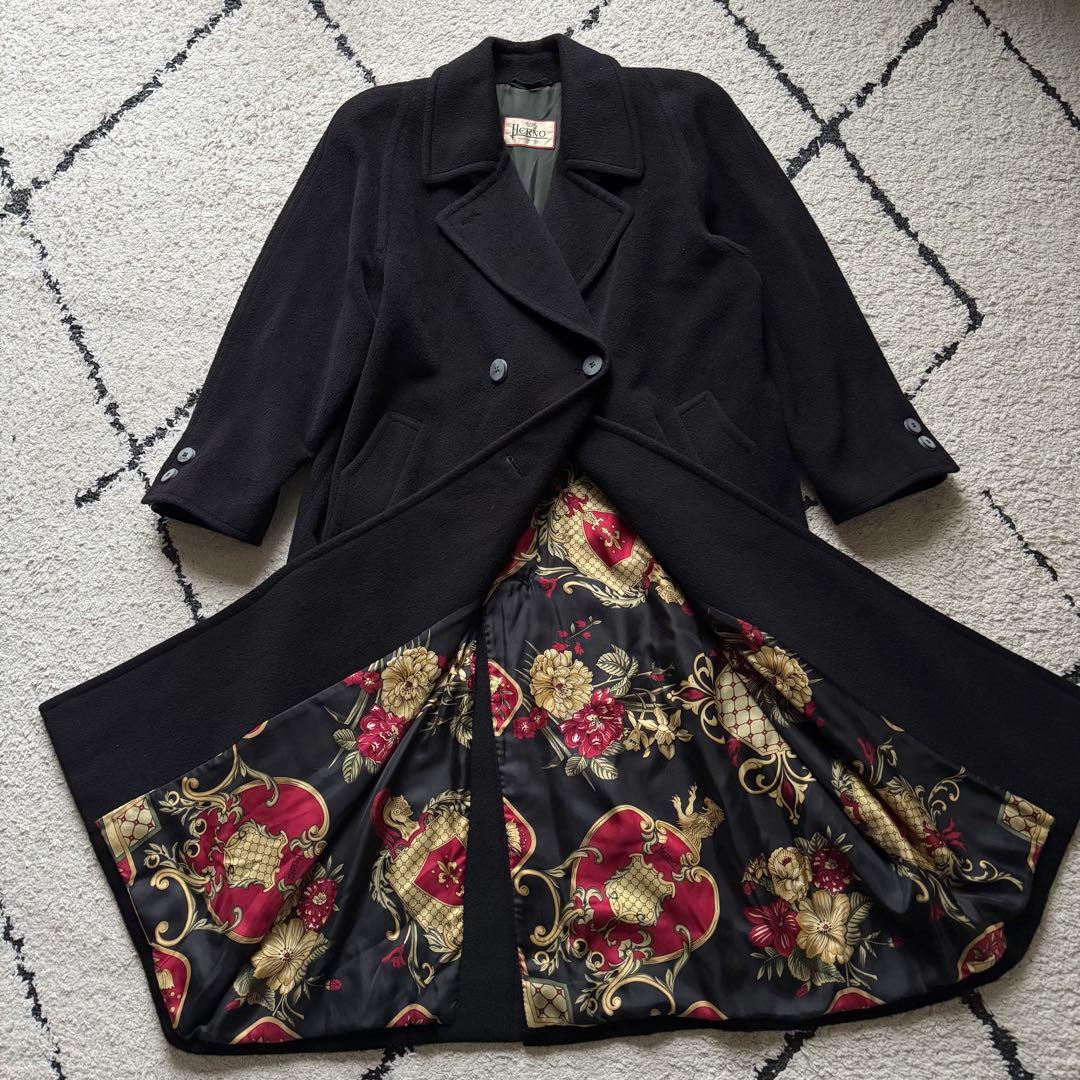 HERNO スカーフ柄 カシミヤ混 ダブル チェスターコート ブラック　40