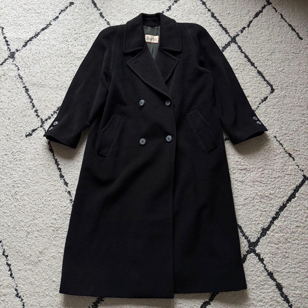 HERNO スカーフ柄 カシミヤ混 ダブル チェスターコート ブラック　40