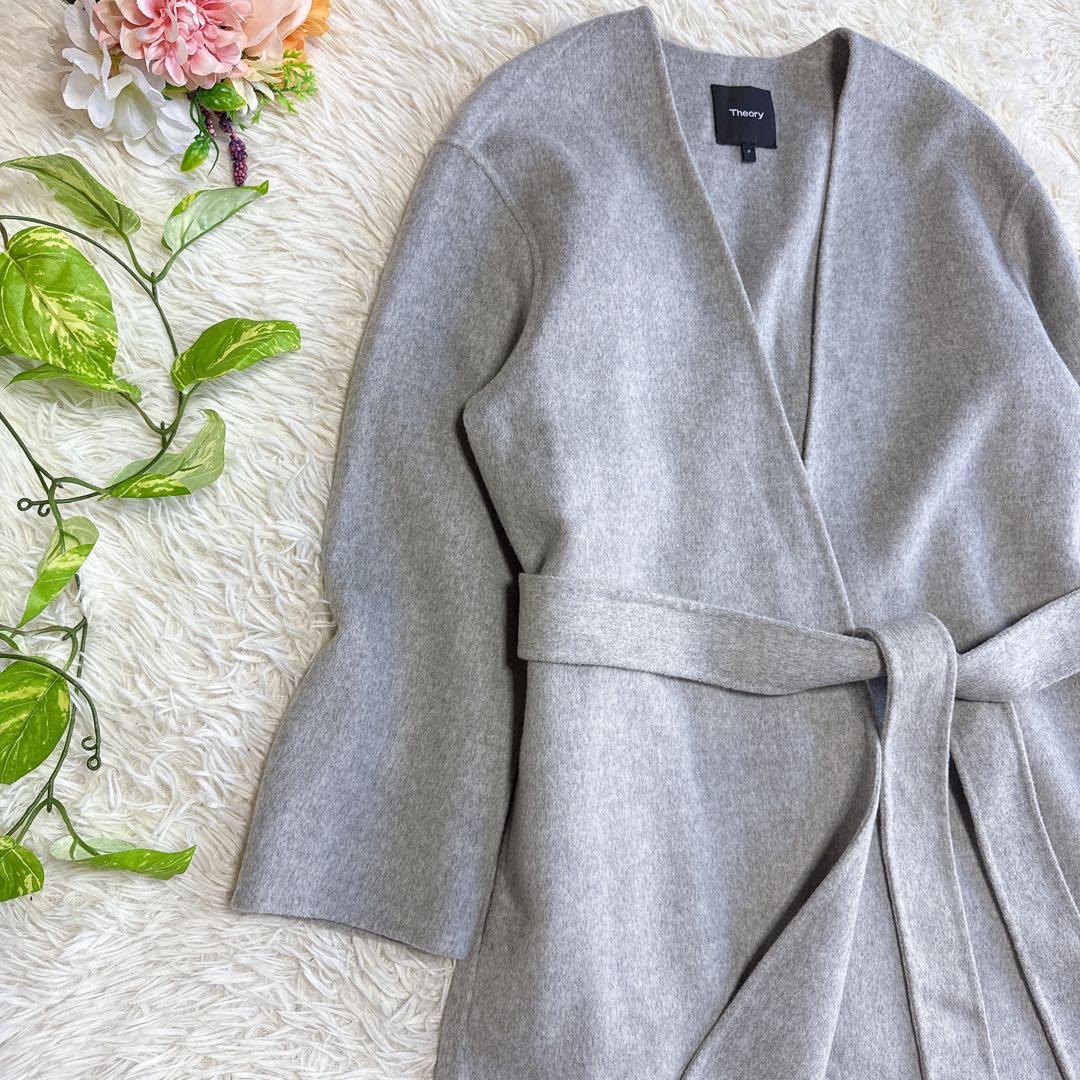 【セオリー】極美品 ダブルフェイスカラーレスガウンコート カシミヤ混 P