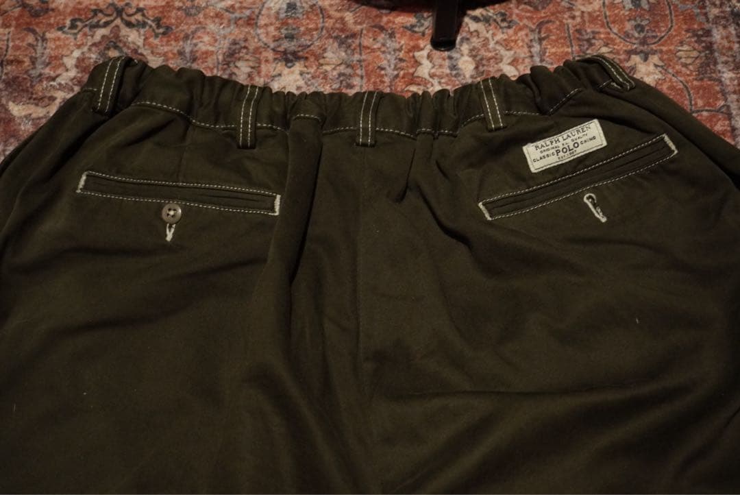 80s 90sラルフローレン　リメイクチノパン　オリーブ　ゴム付き　ドローコード