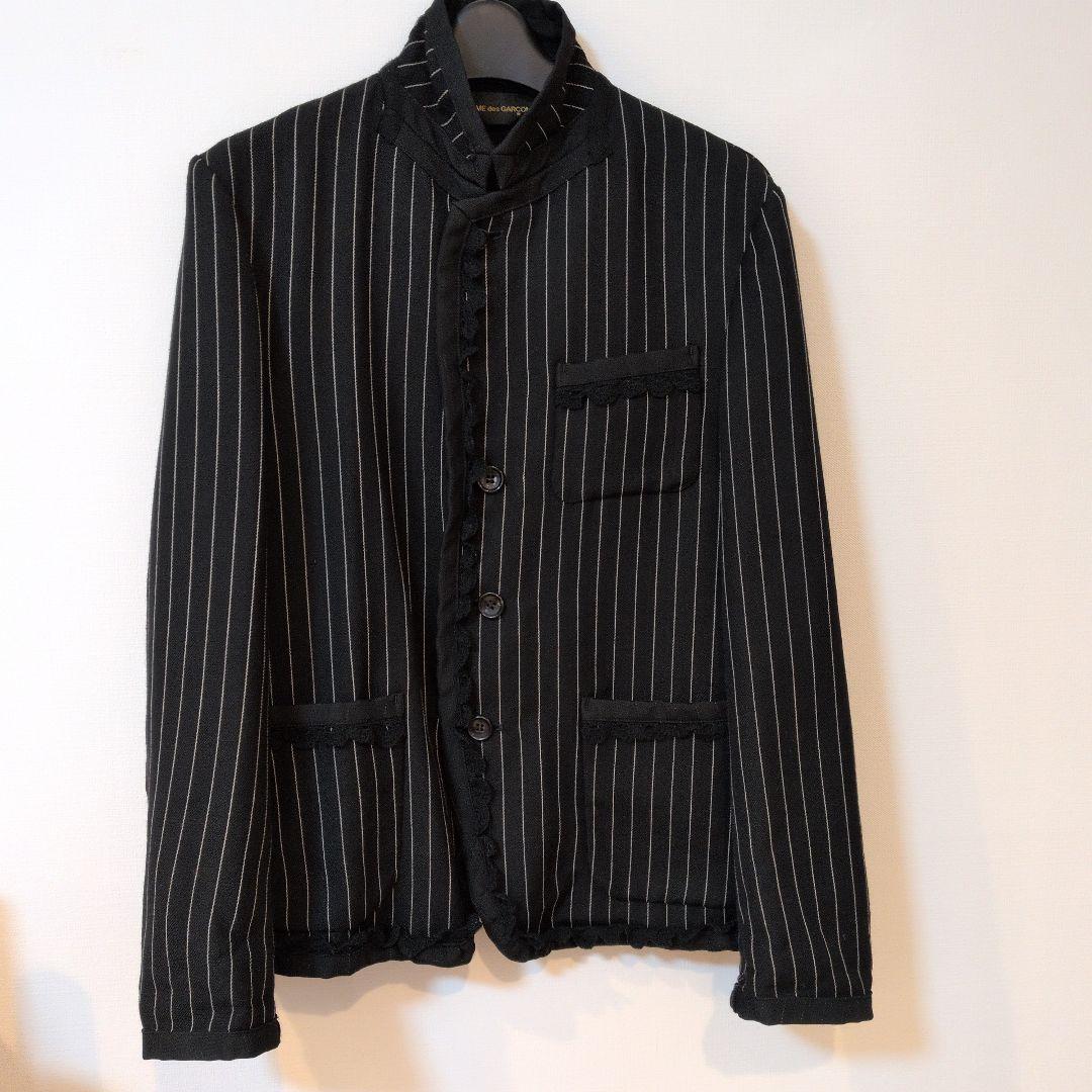 コムデギャルソン　ジャケット 黒と白のストライプ　レース縁取りAD2000