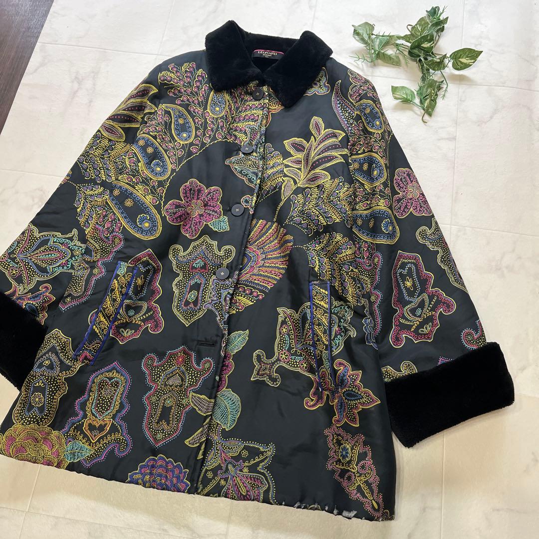 訳アリ　レオナール　シルク100%中綿コート　大きいサイズ13 総柄　ブラック