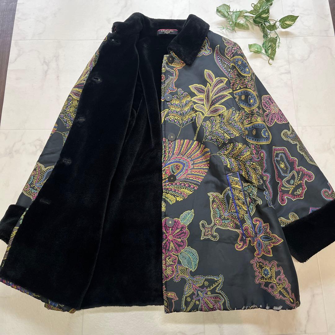 訳アリ　レオナール　シルク100%中綿コート　大きいサイズ13 総柄　ブラック
