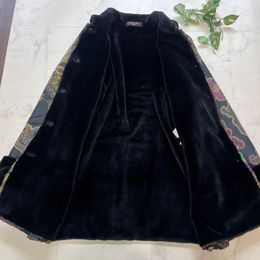 訳アリ　レオナール　シルク100%中綿コート　大きいサイズ13 総柄　ブラック