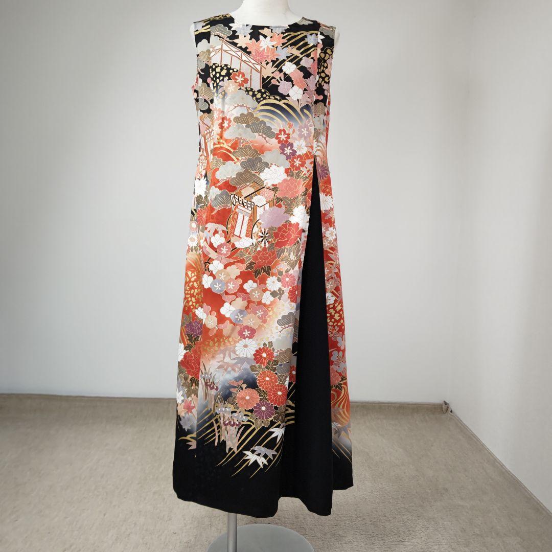 zunezune 振袖ドレス ノースリーブ 着物リメイクワンピース 柄×黒