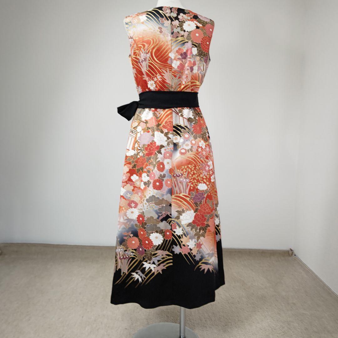 zunezune 振袖ドレス ノースリーブ 着物リメイクワンピース 柄×黒