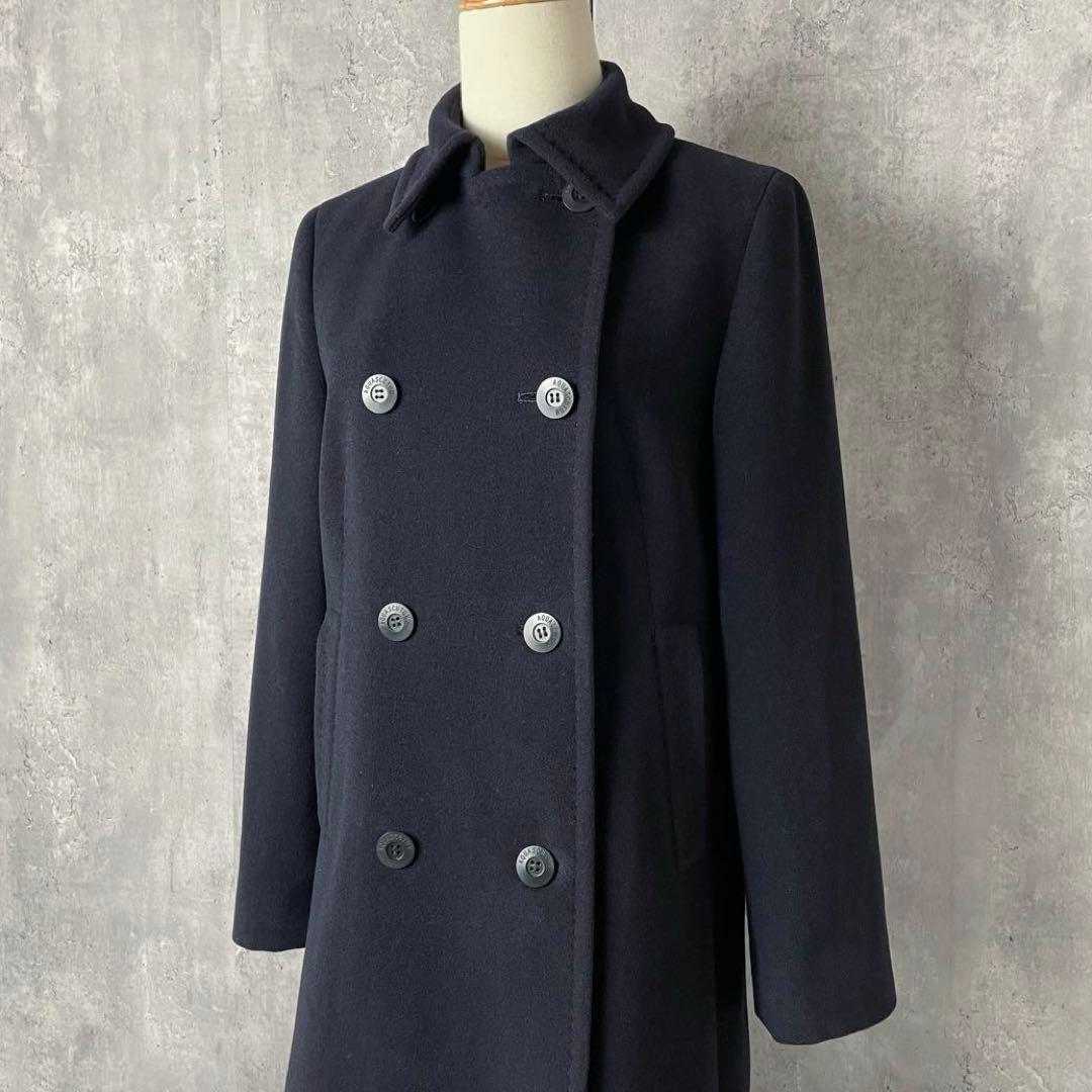 【美品】アクアスキュータム カシミア混 ロングコート ダブルブレスト 紺色 M