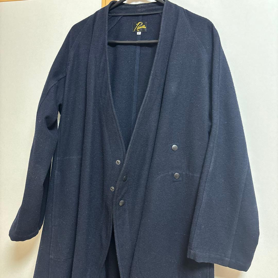 Needles　アンゴラ混　ロゴ刺繍　作務衣コート　ノーカラー　ロング　ネイビー