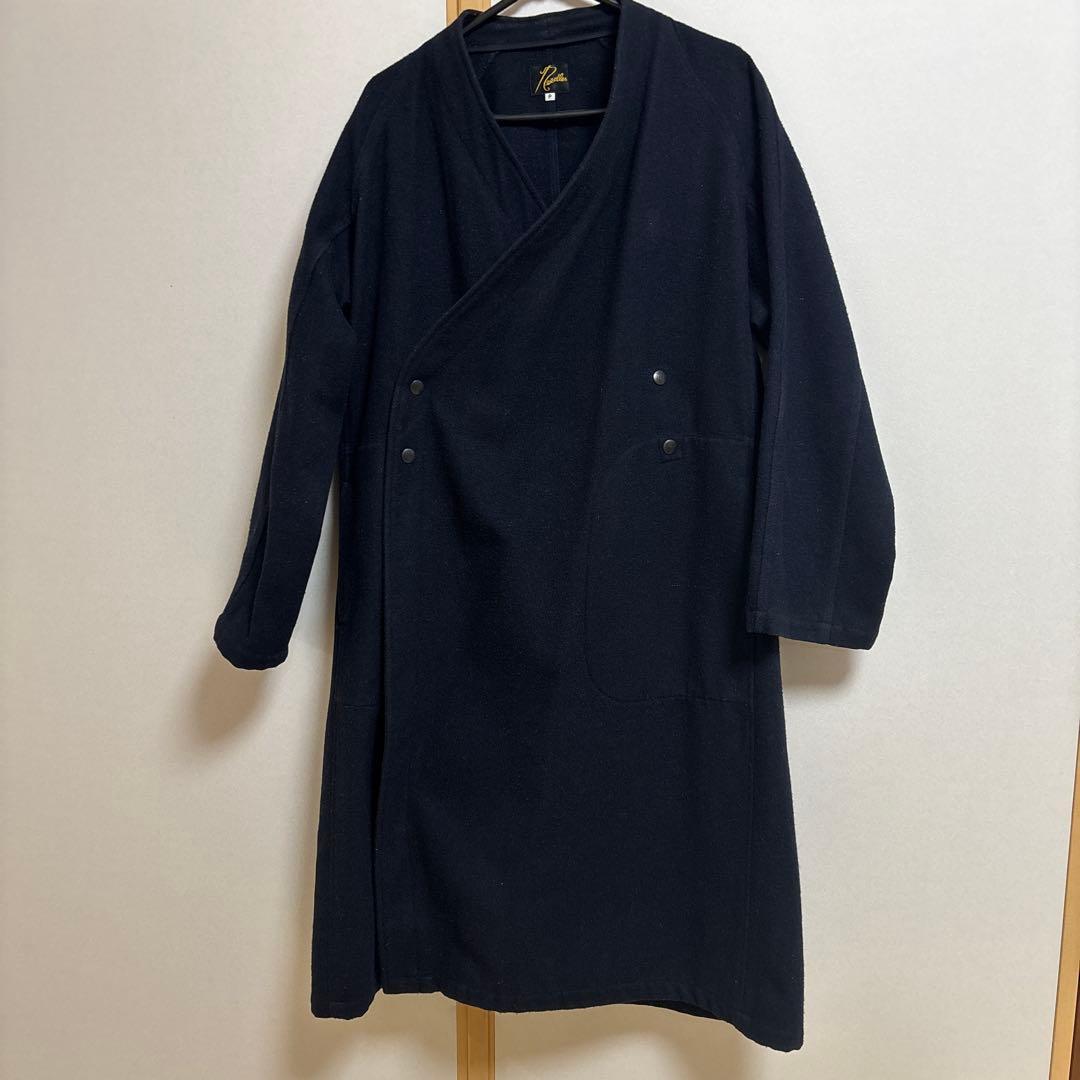 Needles　アンゴラ混　ロゴ刺繍　作務衣コート　ノーカラー　ロング　ネイビー