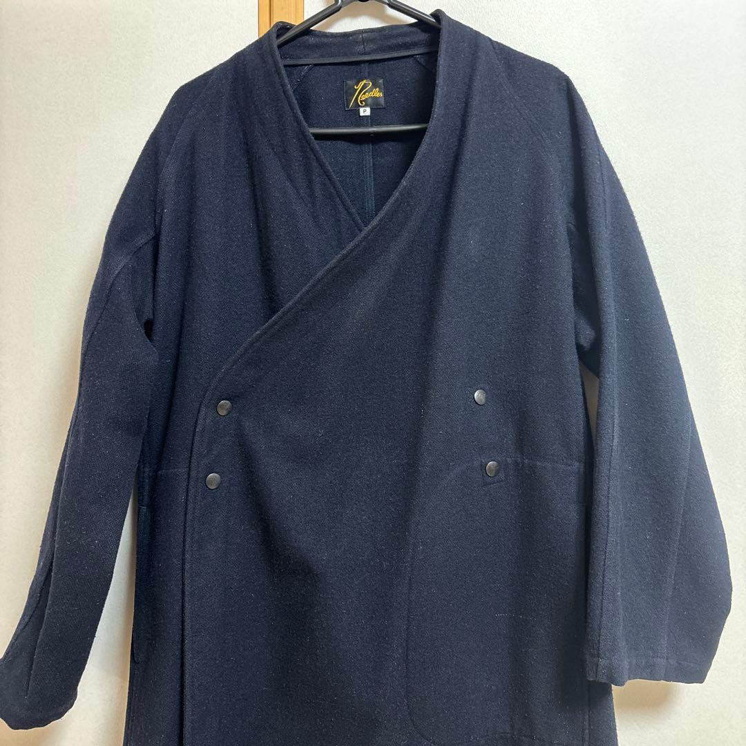 Needles　アンゴラ混　ロゴ刺繍　作務衣コート　ノーカラー　ロング　ネイビー