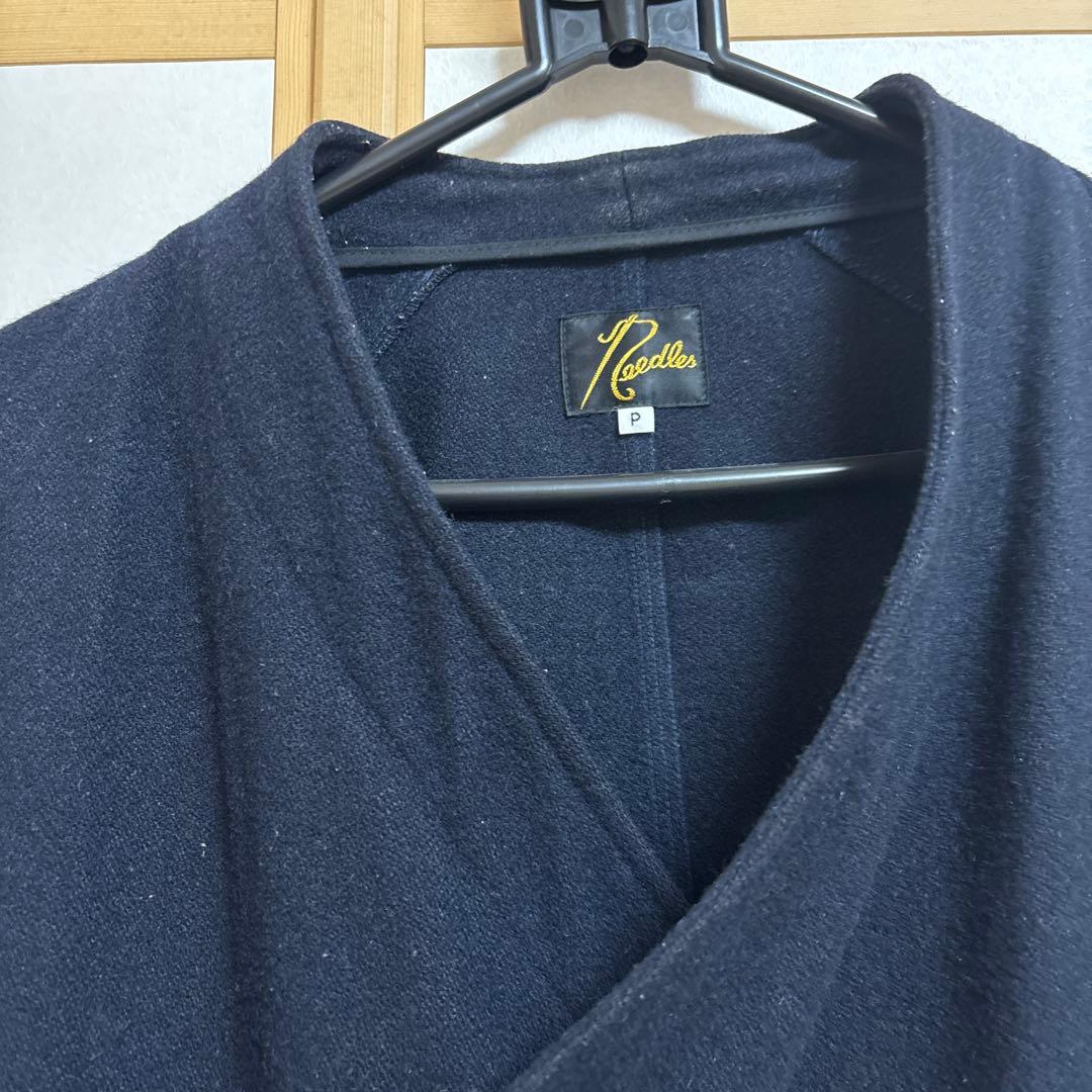 Needles　アンゴラ混　ロゴ刺繍　作務衣コート　ノーカラー　ロング　ネイビー