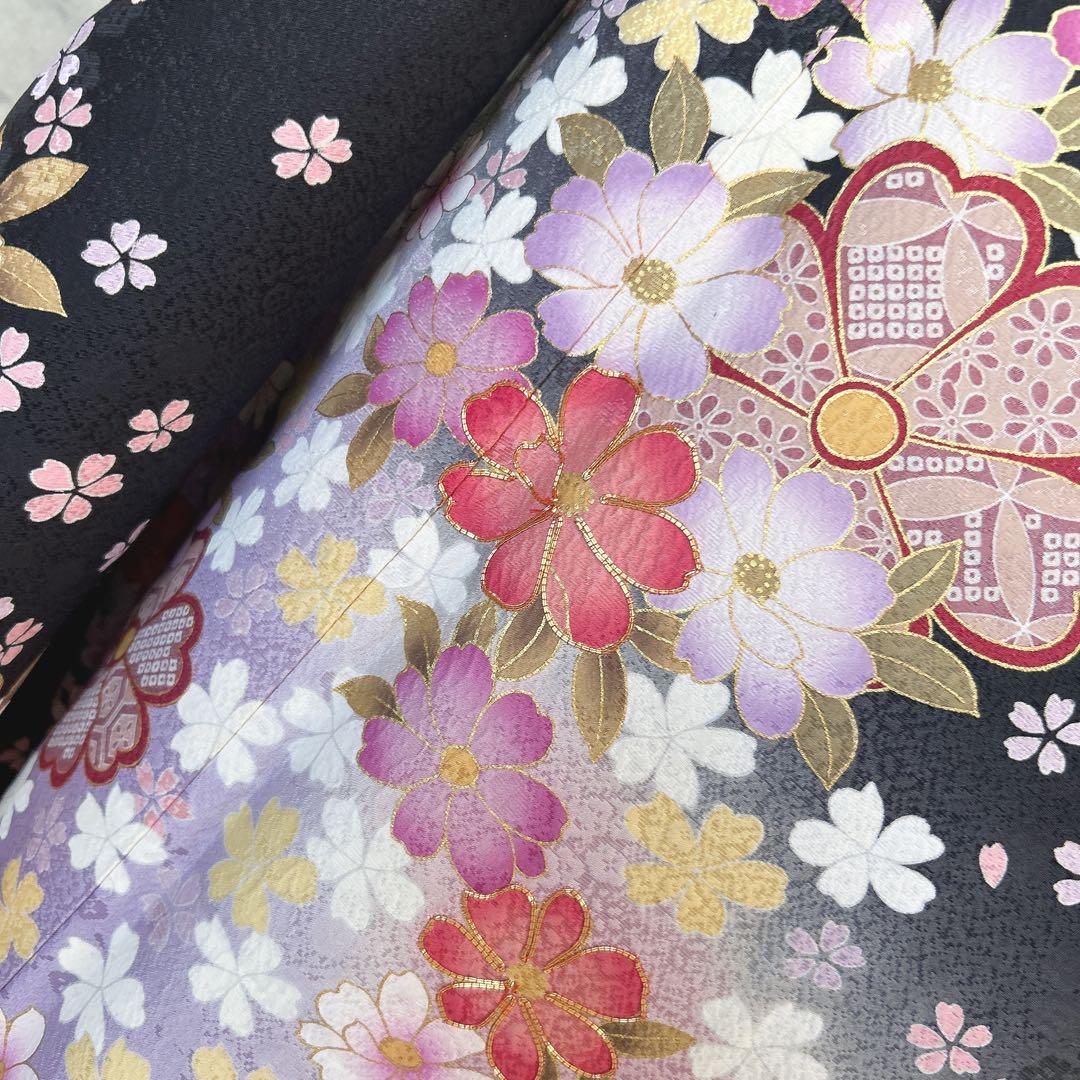 振袖　フルセット　ブラック　黒　正絹　桜　可愛い　成人式　m3