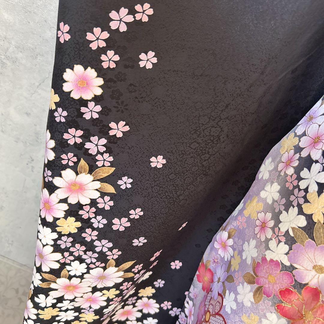 振袖　フルセット　ブラック　黒　正絹　桜　可愛い　成人式　m3