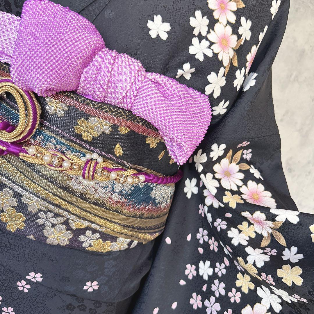 振袖　フルセット　ブラック　黒　正絹　桜　可愛い　成人式　m3