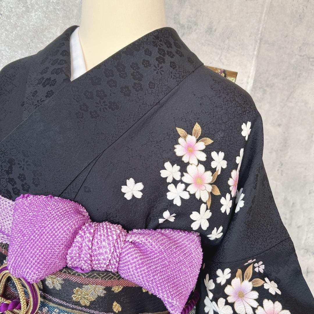 振袖　フルセット　ブラック　黒　正絹　桜　可愛い　成人式　m3