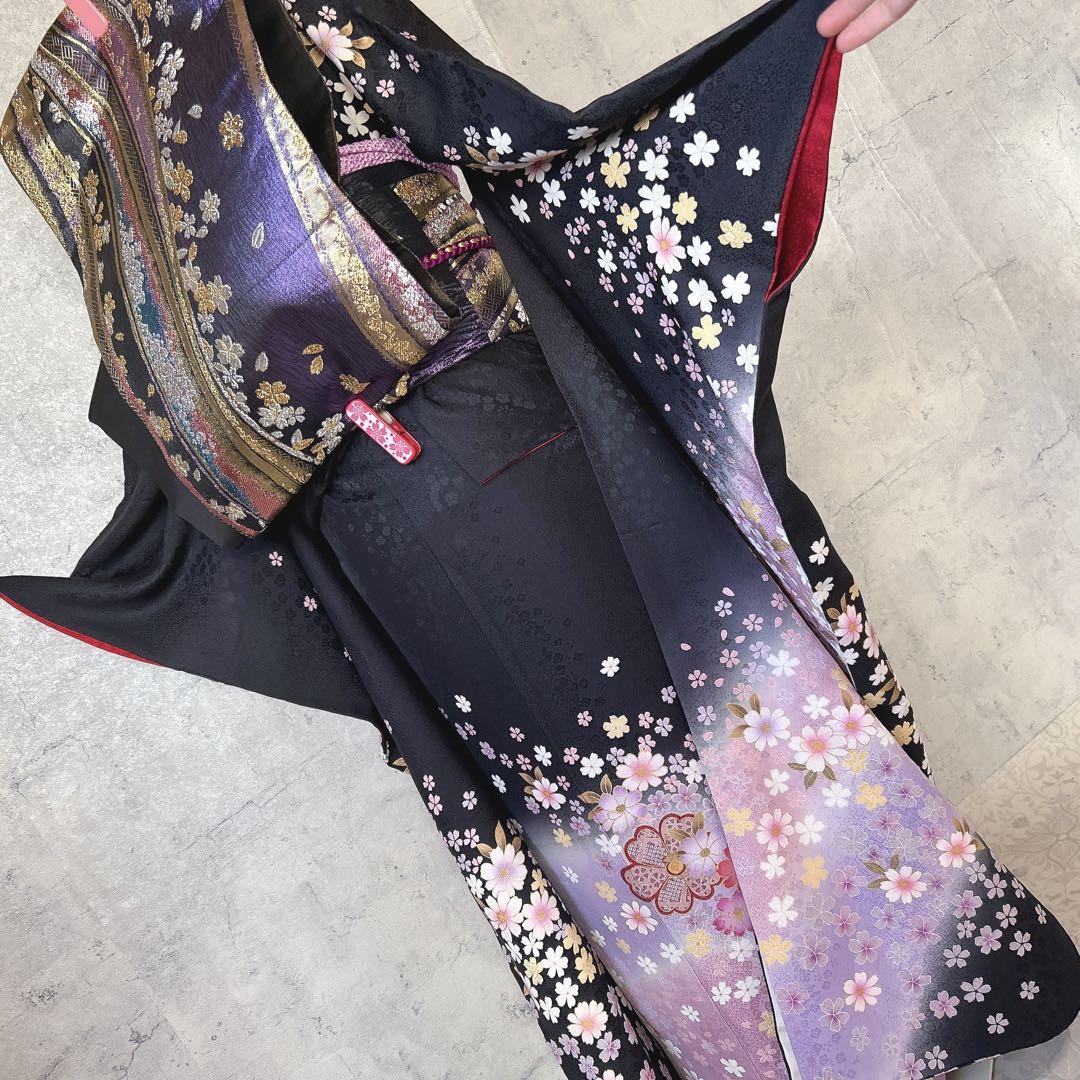 振袖　フルセット　ブラック　黒　正絹　桜　可愛い　成人式　m3