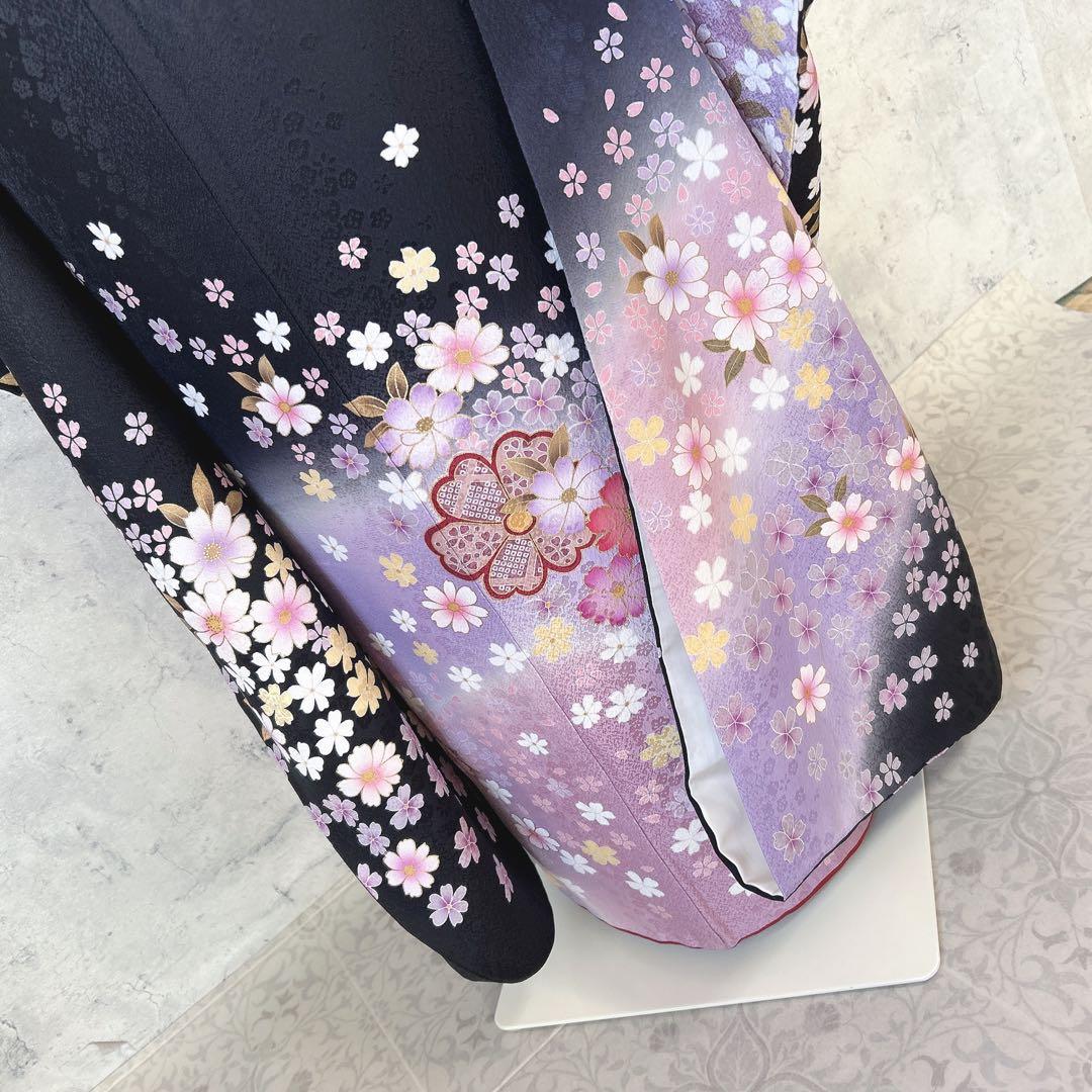振袖　フルセット　ブラック　黒　正絹　桜　可愛い　成人式　m3
