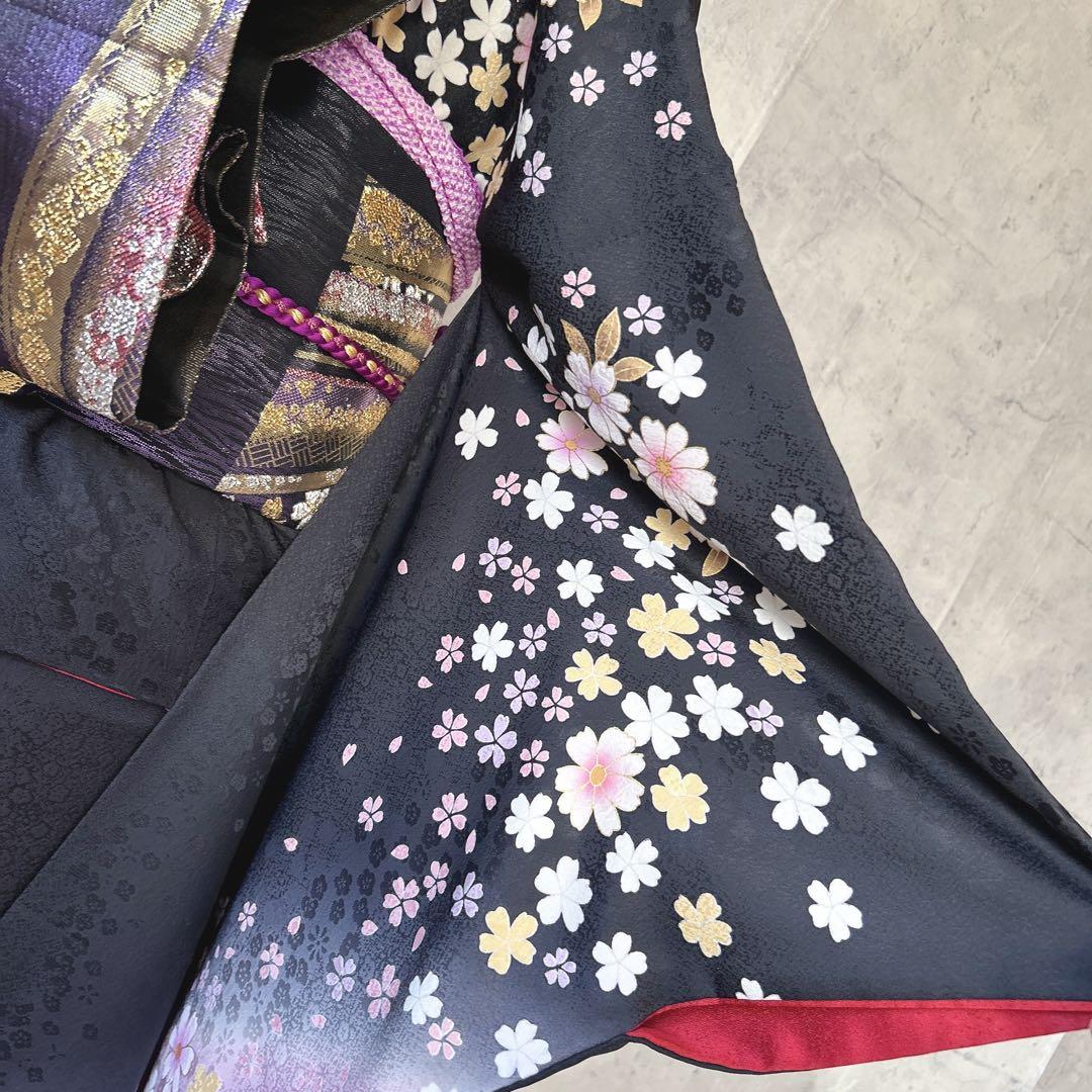 振袖　フルセット　ブラック　黒　正絹　桜　可愛い　成人式　m3