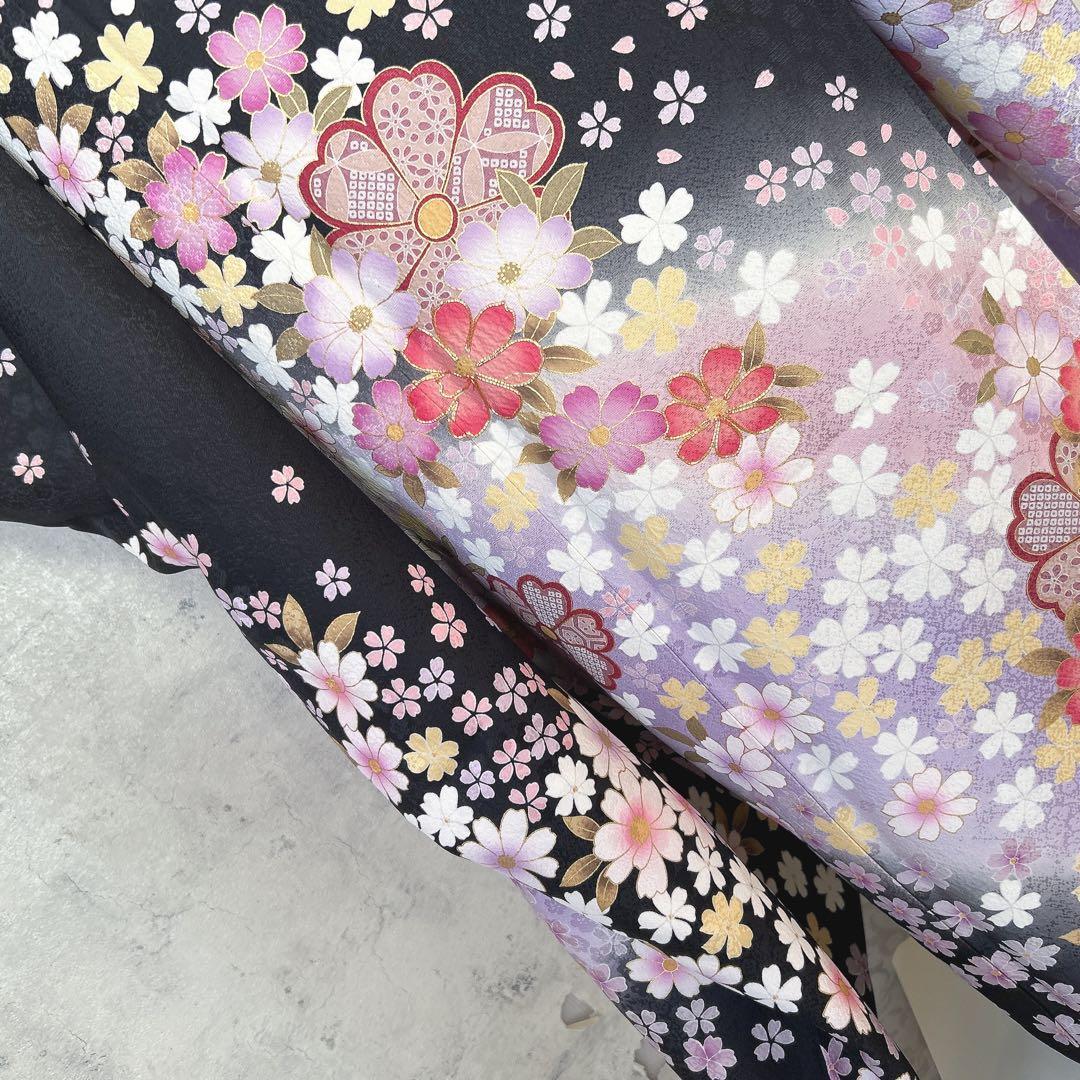 振袖　フルセット　ブラック　黒　正絹　桜　可愛い　成人式　m3