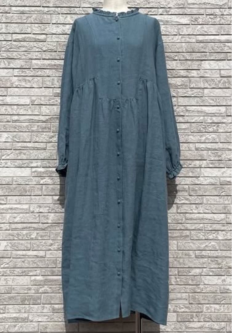 サマンサモスモス 立川限定　リネンスタンドフリルワンピース　サックス