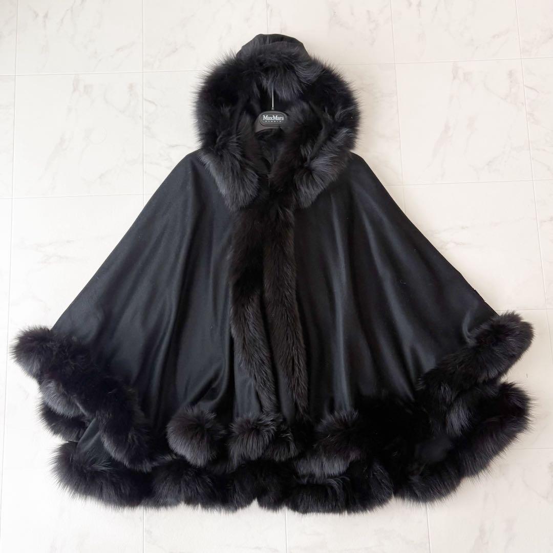 最高級✨艶感 カシミヤ100% フォックファー フーディーポンチョ　極美品　黒