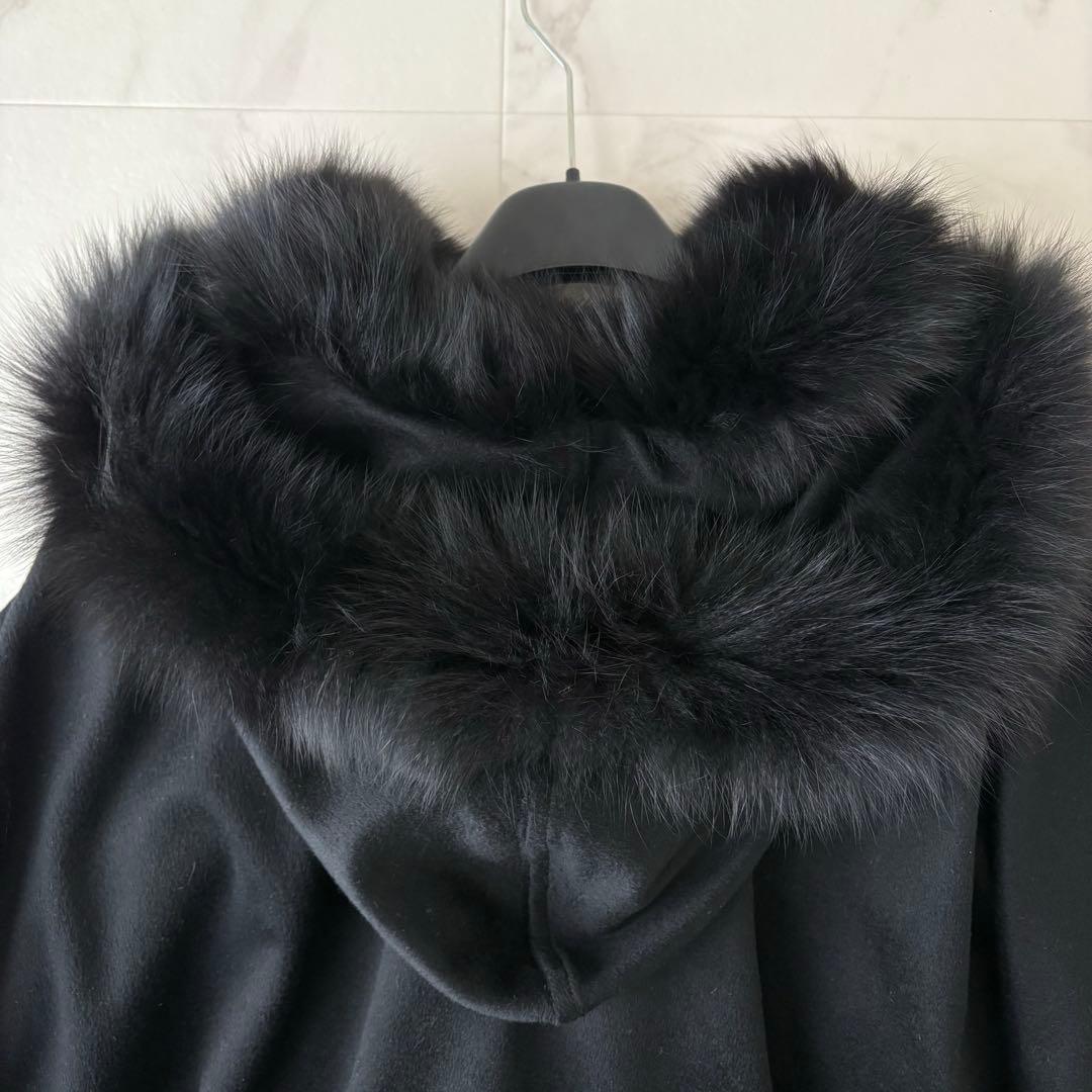 最高級✨艶感 カシミヤ100% フォックファー フーディーポンチョ　極美品　黒