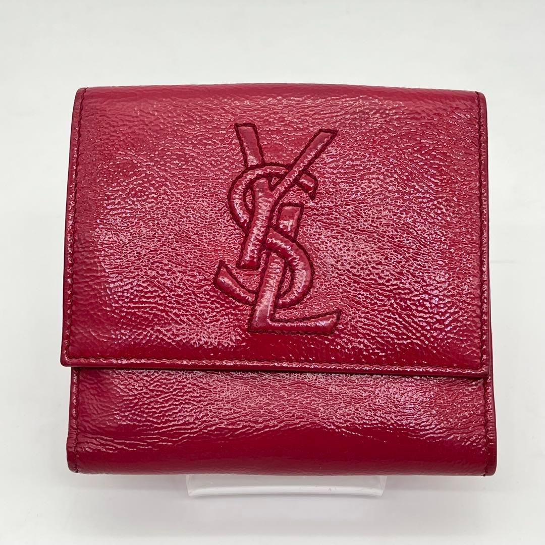 イヴサンローラン 二つ折り財布 カサンドラ YSLロゴ パテントレザー ピンク
