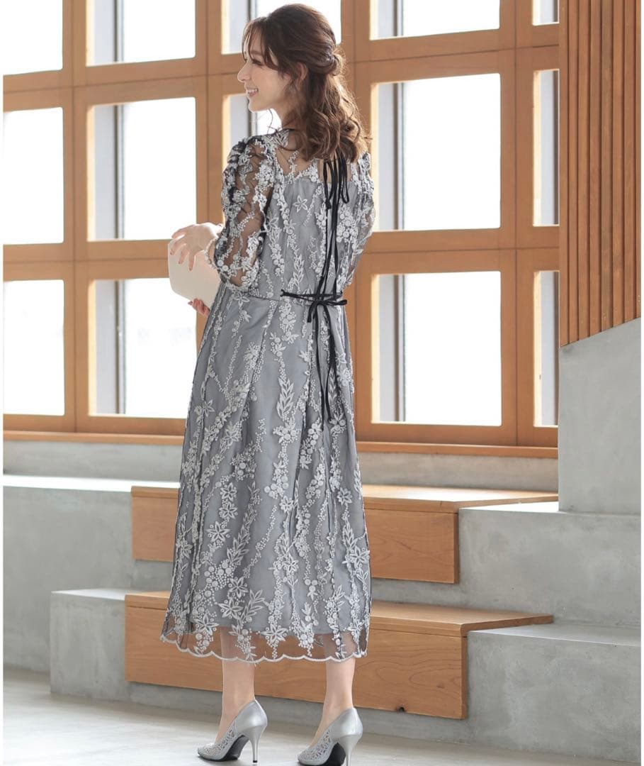 【PREFERIR】刺繍 レース バックリボン 結婚式 パーティ ドレス.