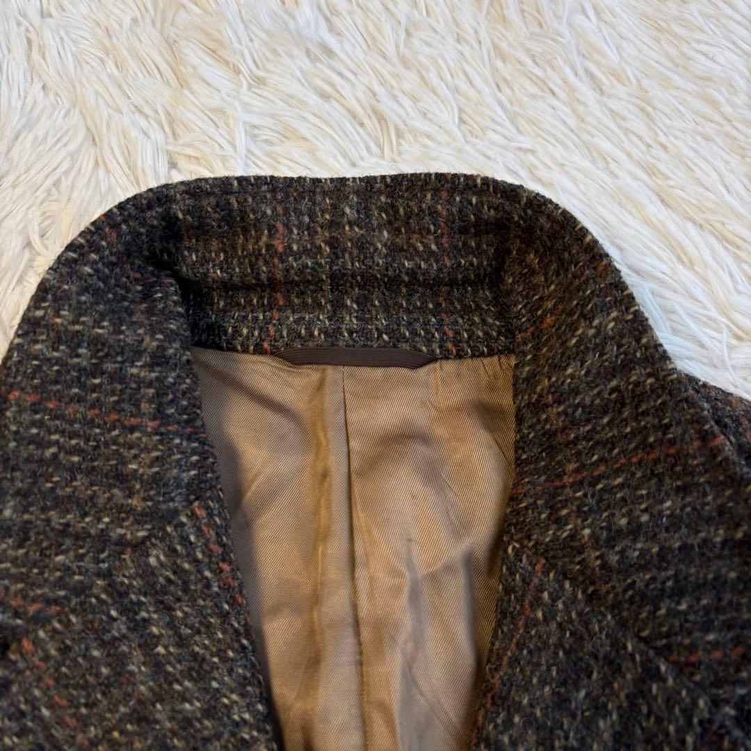 ハリスツイード テーラードジャケット くるみボタン チェック ブラウン