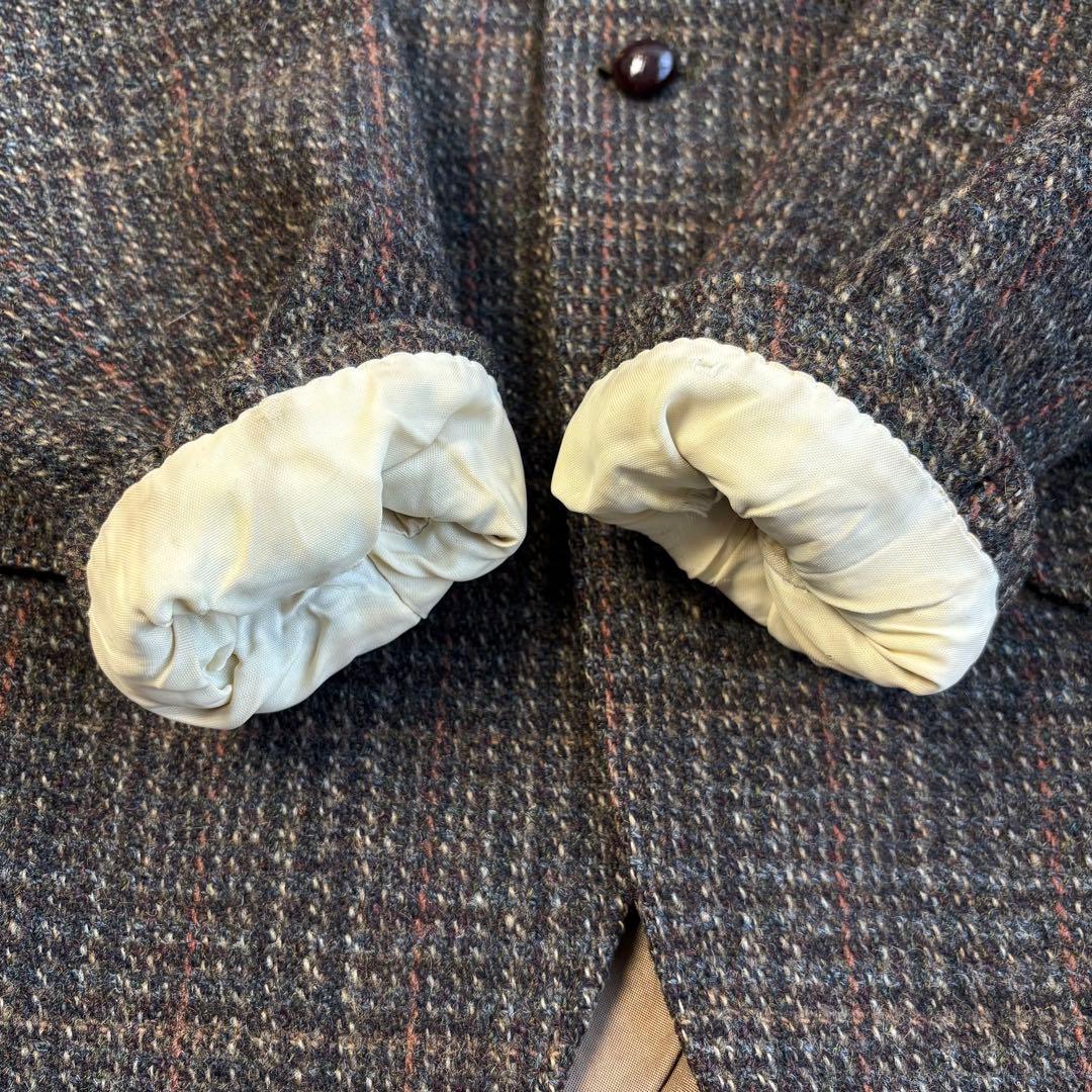 ハリスツイード テーラードジャケット くるみボタン チェック ブラウン