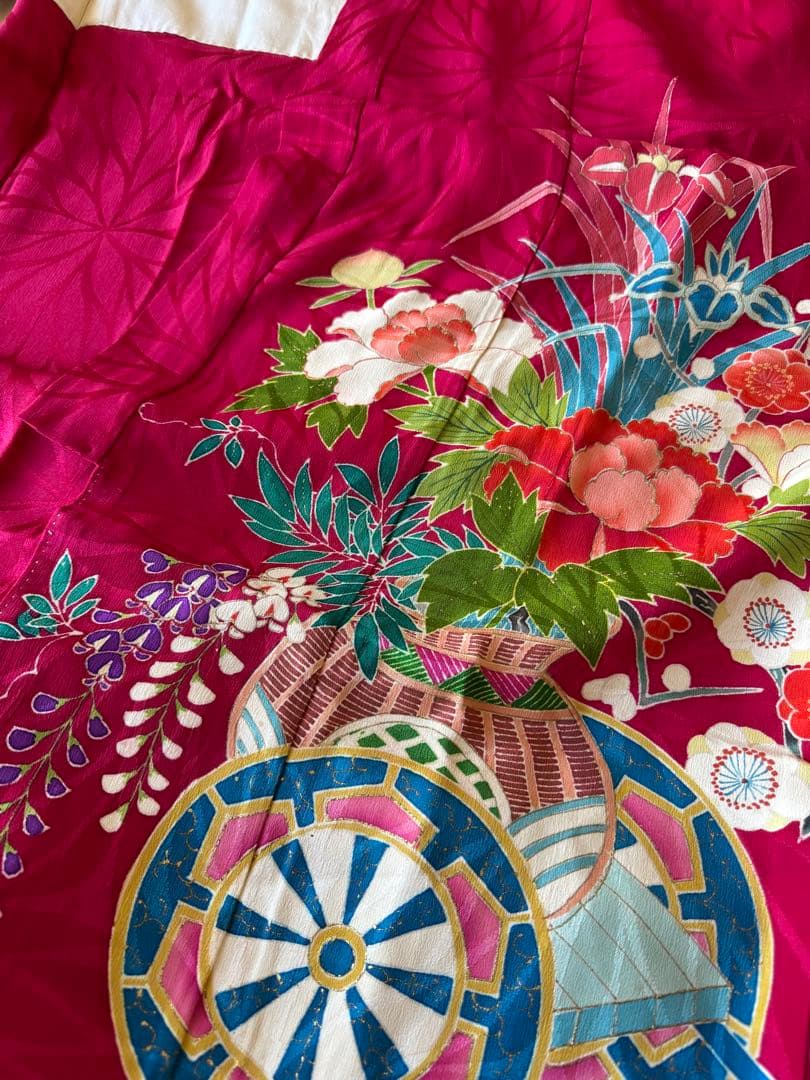 七五三に★アンティーク　正絹　ワイン色に四季の花々と花籠、花車　七歳着物セット