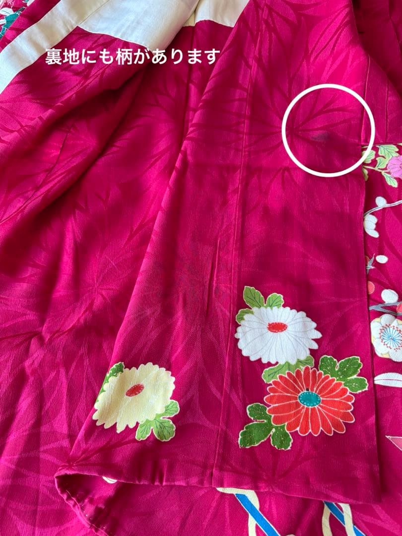 七五三に★アンティーク　正絹　ワイン色に四季の花々と花籠、花車　七歳着物セット