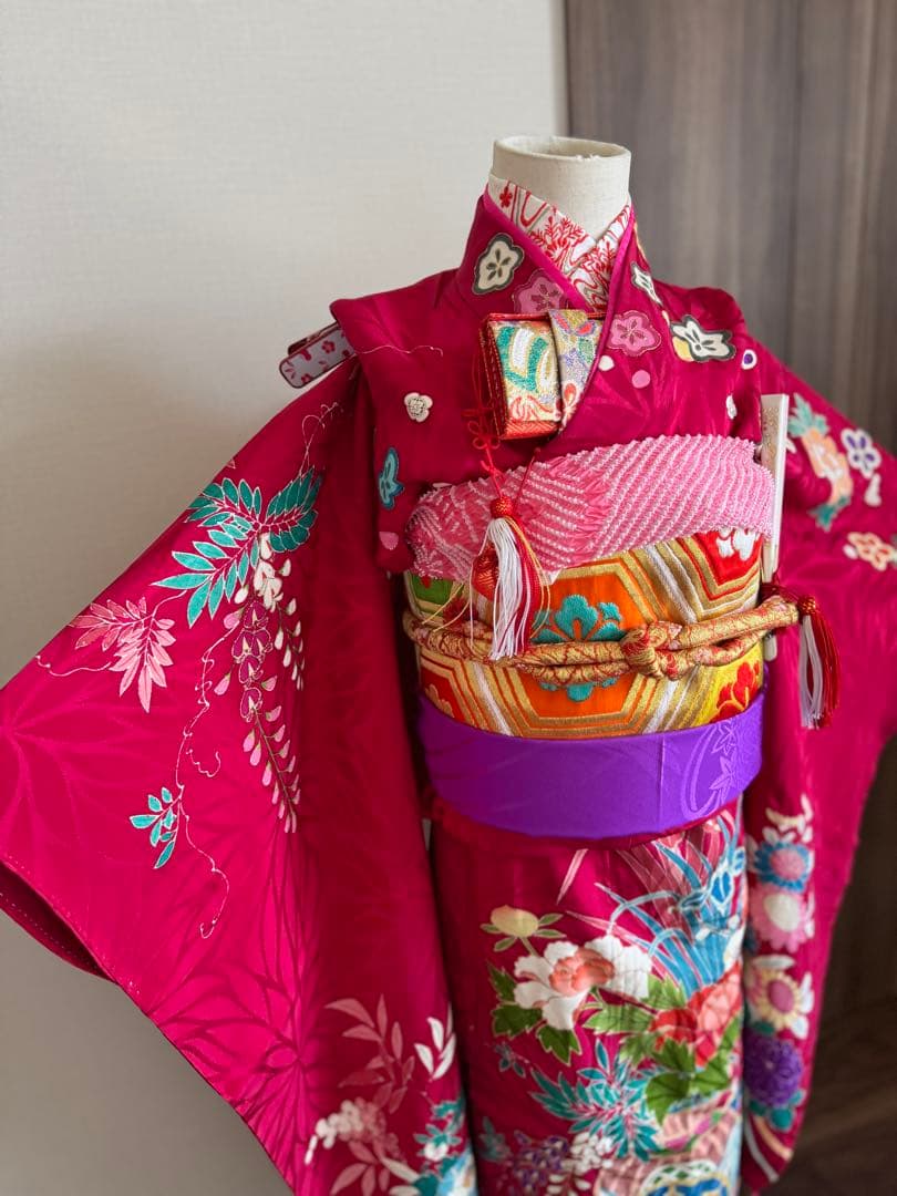 七五三に★アンティーク　正絹　ワイン色に四季の花々と花籠、花車　七歳着物セット