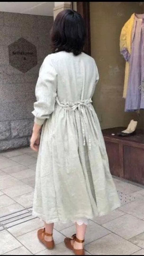 極美品★nest Robe★リネン 近江晒し 重ねギャザーワンピース★春グリーン