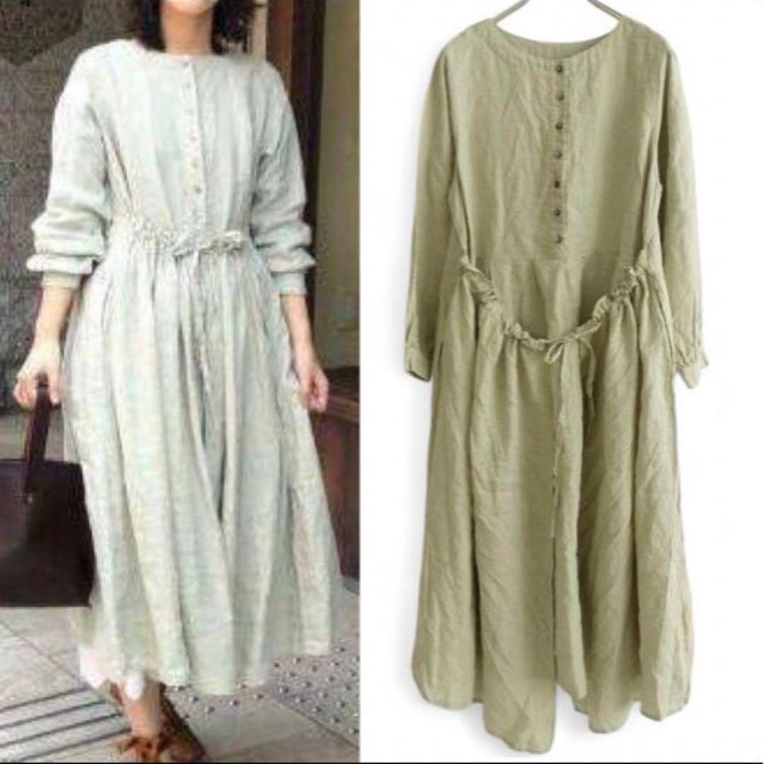 極美品★nest Robe★リネン 近江晒し 重ねギャザーワンピース★春グリーン